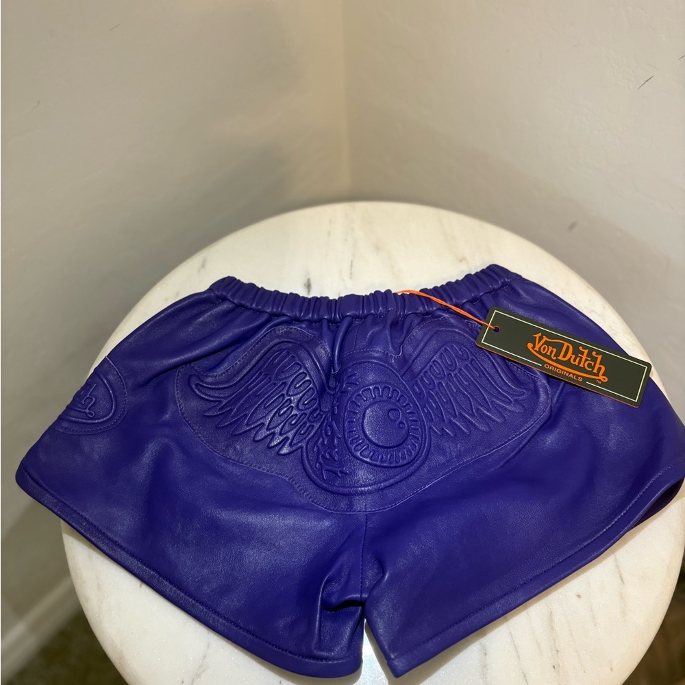 Von Dutch Purple Leather Shorts with Embossed Design